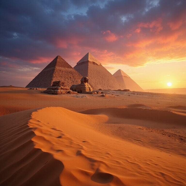 Widok na piramidy w Gizie o wschodzie słońca z pustynnym krajobrazem w tle