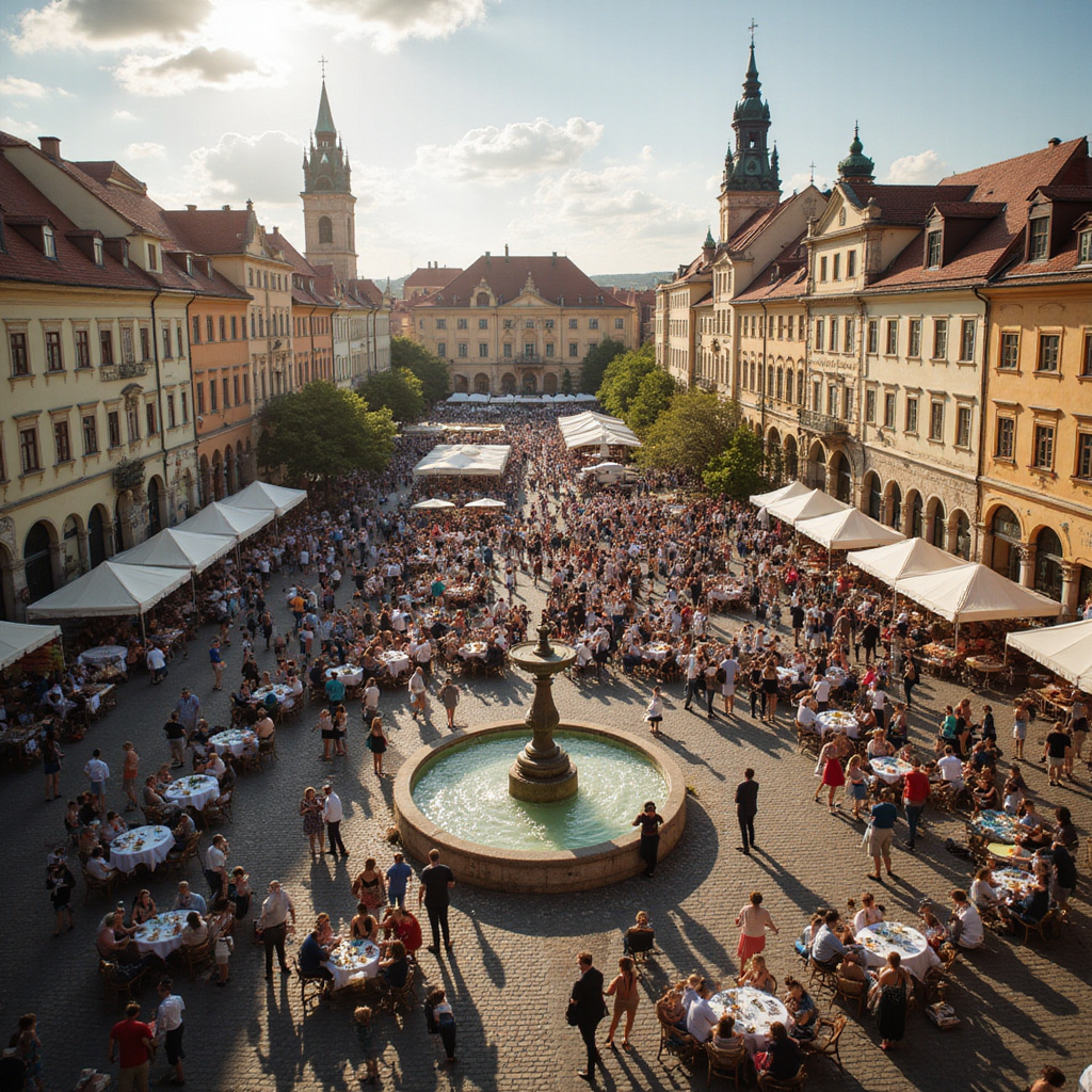 Plac w Pilźnie z festiwalem kultury i tłumem ludzi
