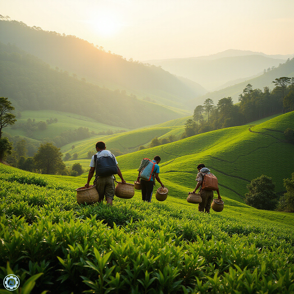 Sri Lanka - plantacja herbaty wśród zielonych wzgórz, pracownicy zbierający liście