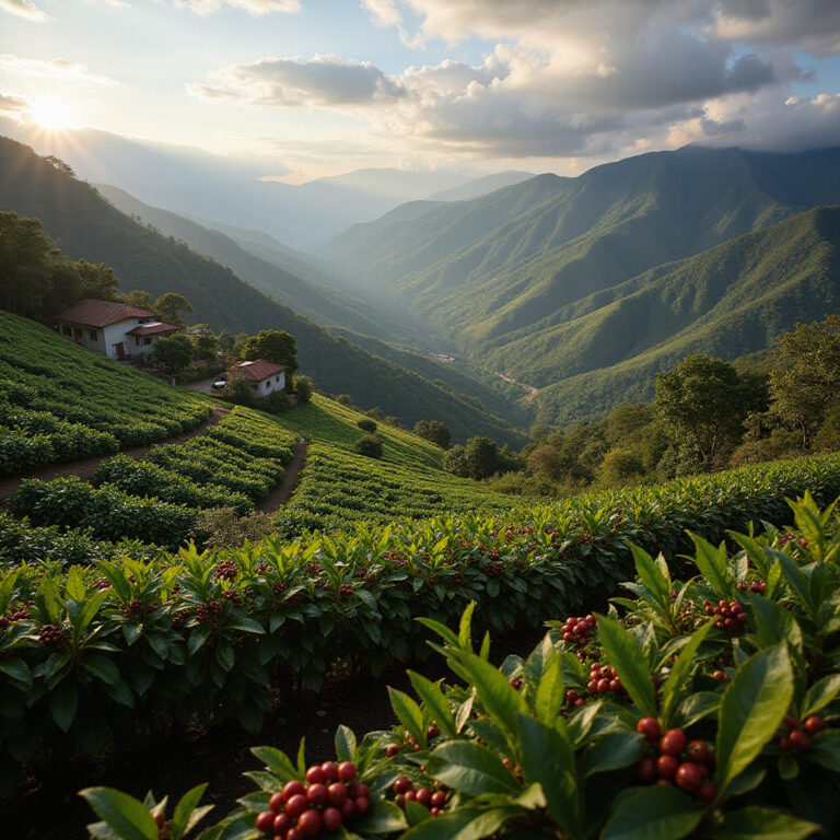 Plantacja kawy w Dominikanie z widokiem na górskie krajobrazy