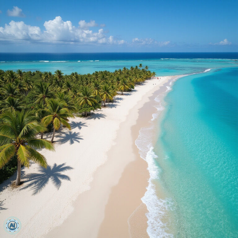Plaża Bavaro w Punta Cana z białym piaskiem i turkusową wodą, idealna na relaks i sporty wodne