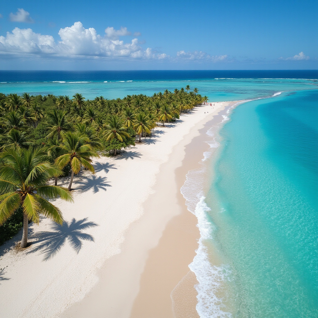 Plaża Bavaro w Punta Cana z białym piaskiem i turkusową wodą, idealna na relaks i sporty wodne