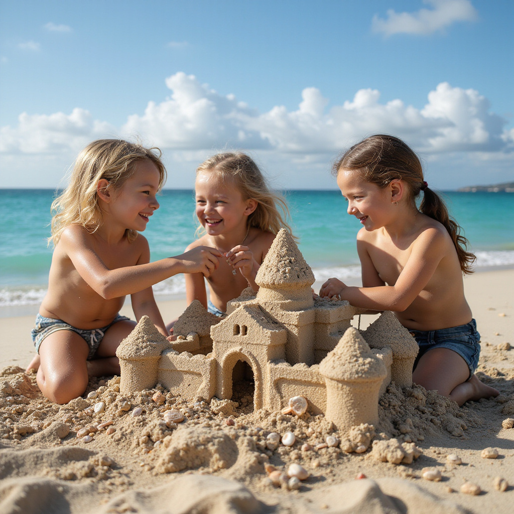 Dzieci budujące zamek z piasku na plaży w Protaras, błękitna woda, złoty piasek