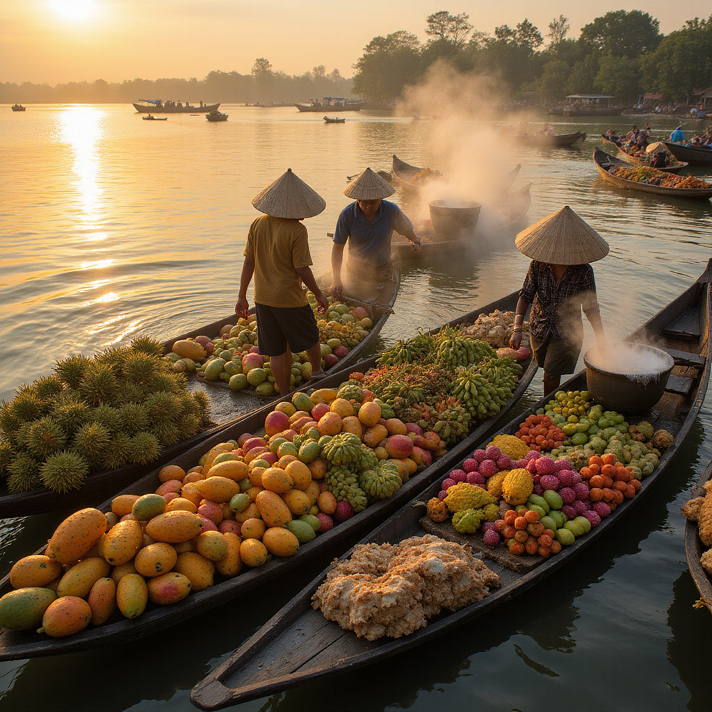 Pływający targ Cai Rang w Can Tho, tętniące życiem centrum Delty Mekongu z kolorowymi łodziami i świeżymi owocami