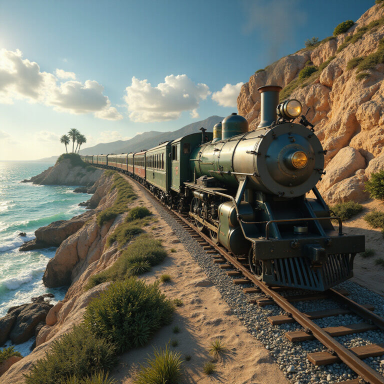 Pociąg Kolei TGM na tle malowniczego wybrzeża Tunezji, słońce i morze