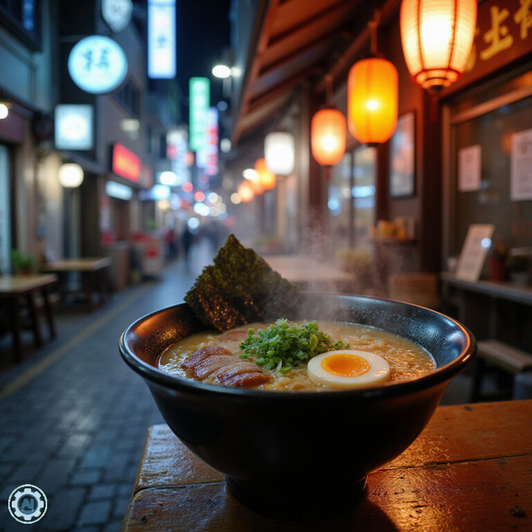 ulica w Tokio z restauracją ramen w tle, smaczne danie