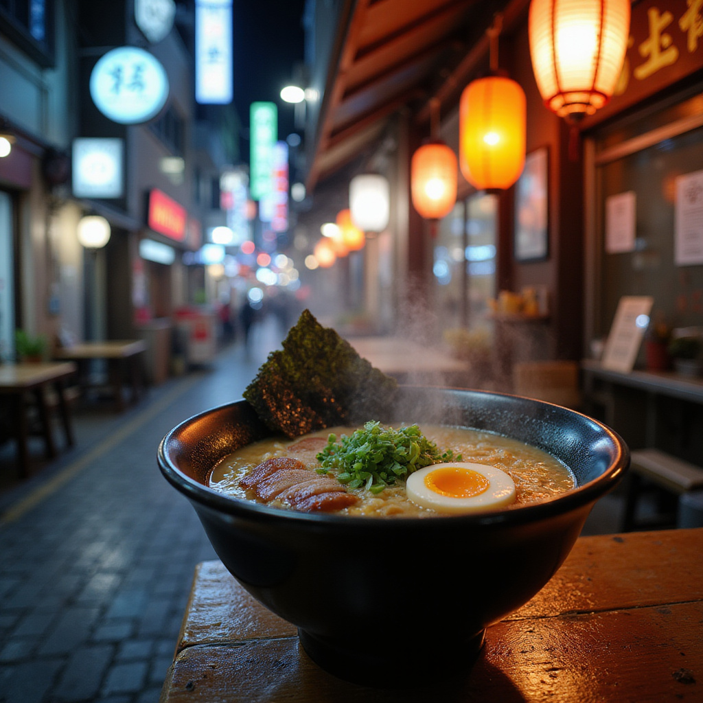 ulica w Tokio z restauracją ramen w tle, smaczne danie