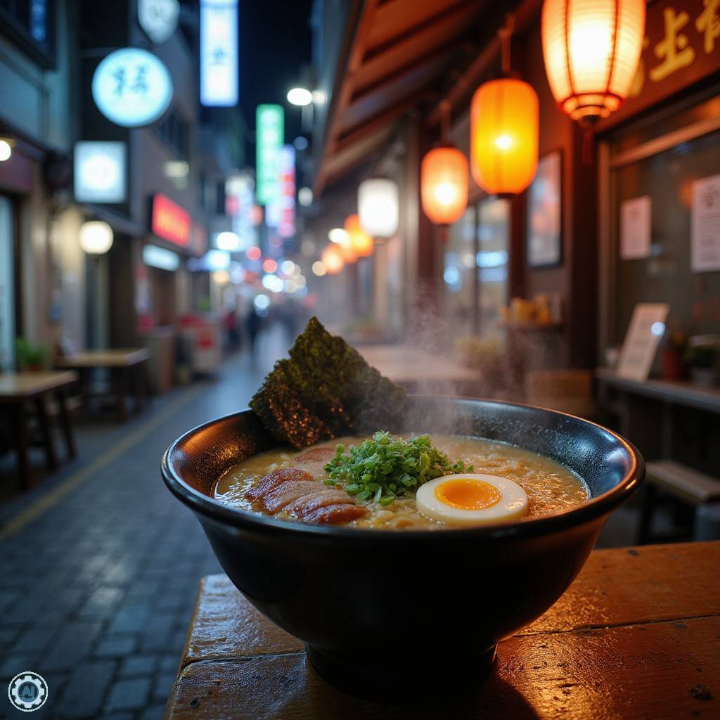 ulica w Tokio z restauracją ramen w tle, smaczne danie