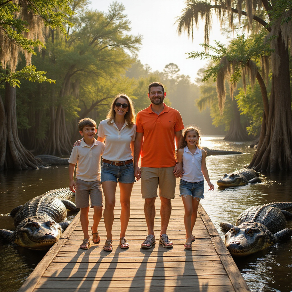 Rodzina zwiedzająca Gatorland z aligatorami w tle - Floryda atrakcje