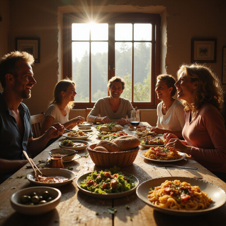 Rodzinny stół we Włoszech z tradycyjnymi daniami i świeżym chlebem