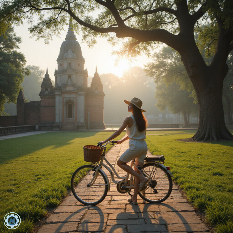Rowerzysta przed świątynią w parku historycznym Sukhothai, spokojna uliczka z zielenią