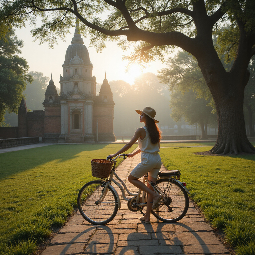 Rowerzysta przed świątynią w parku historycznym Sukhothai, spokojna uliczka z zielenią