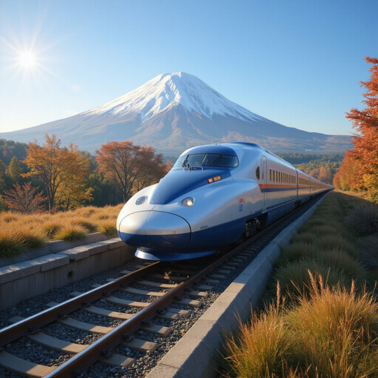 Shinkansen na tle gór Fuji, szybka kolej w Japonii