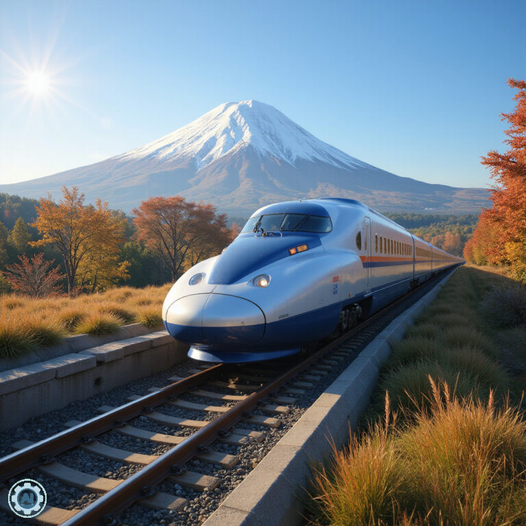 Shinkansen na tle gór Fuji, szybka kolej w Japonii
