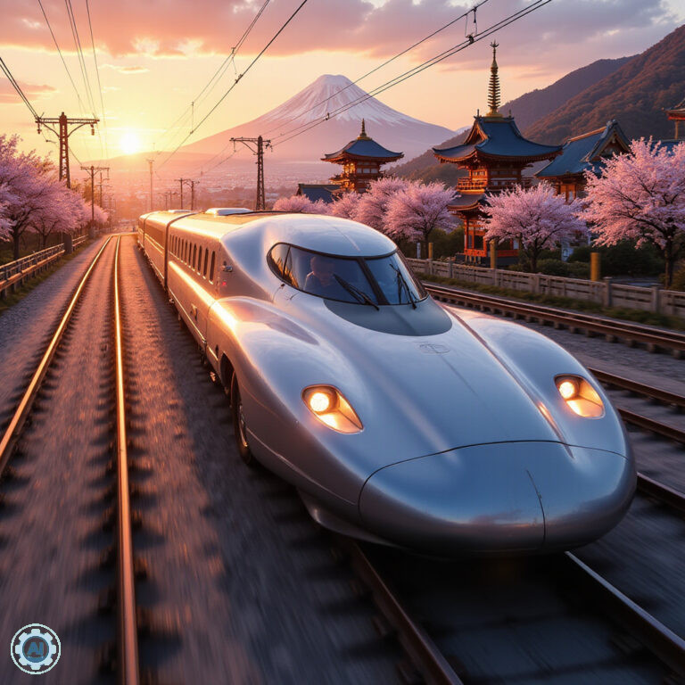 Shinkansen mknie przez japoński krajobraz z prędkością 320 km/h, szybki transport