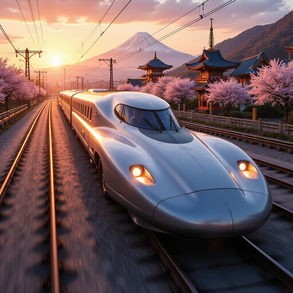 Shinkansen mknie przez japoński krajobraz z prędkością 320 km/h, szybki transport