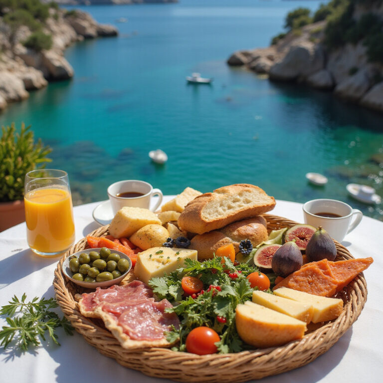 Śniadanie w Fethiye z widokiem na zatokę i świeże składniki