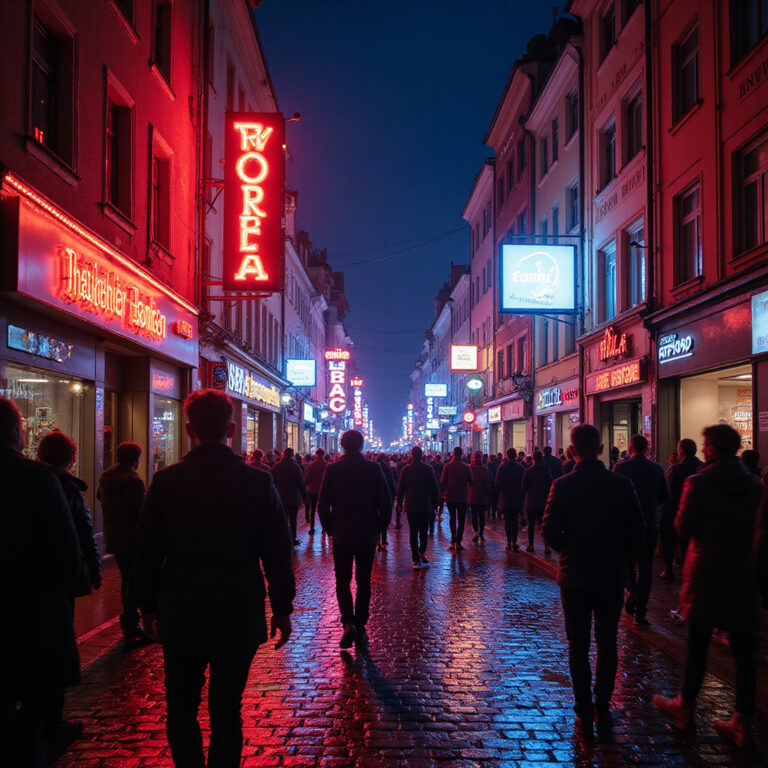 Stodolní Street w Ostrawie nocą, oświetlona neony i pełna ludzi