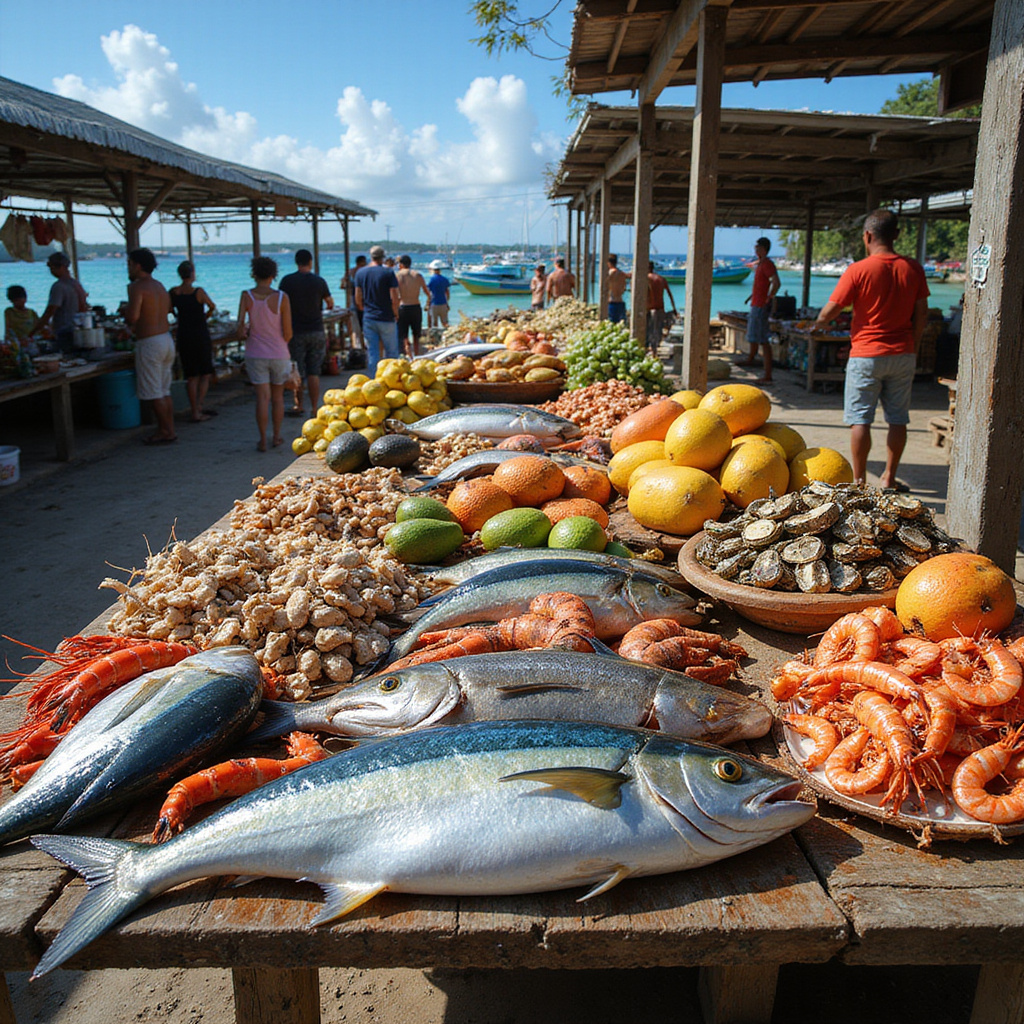Targ rybny w Samana ze świeżymi owocami morza i lokalnymi produktami