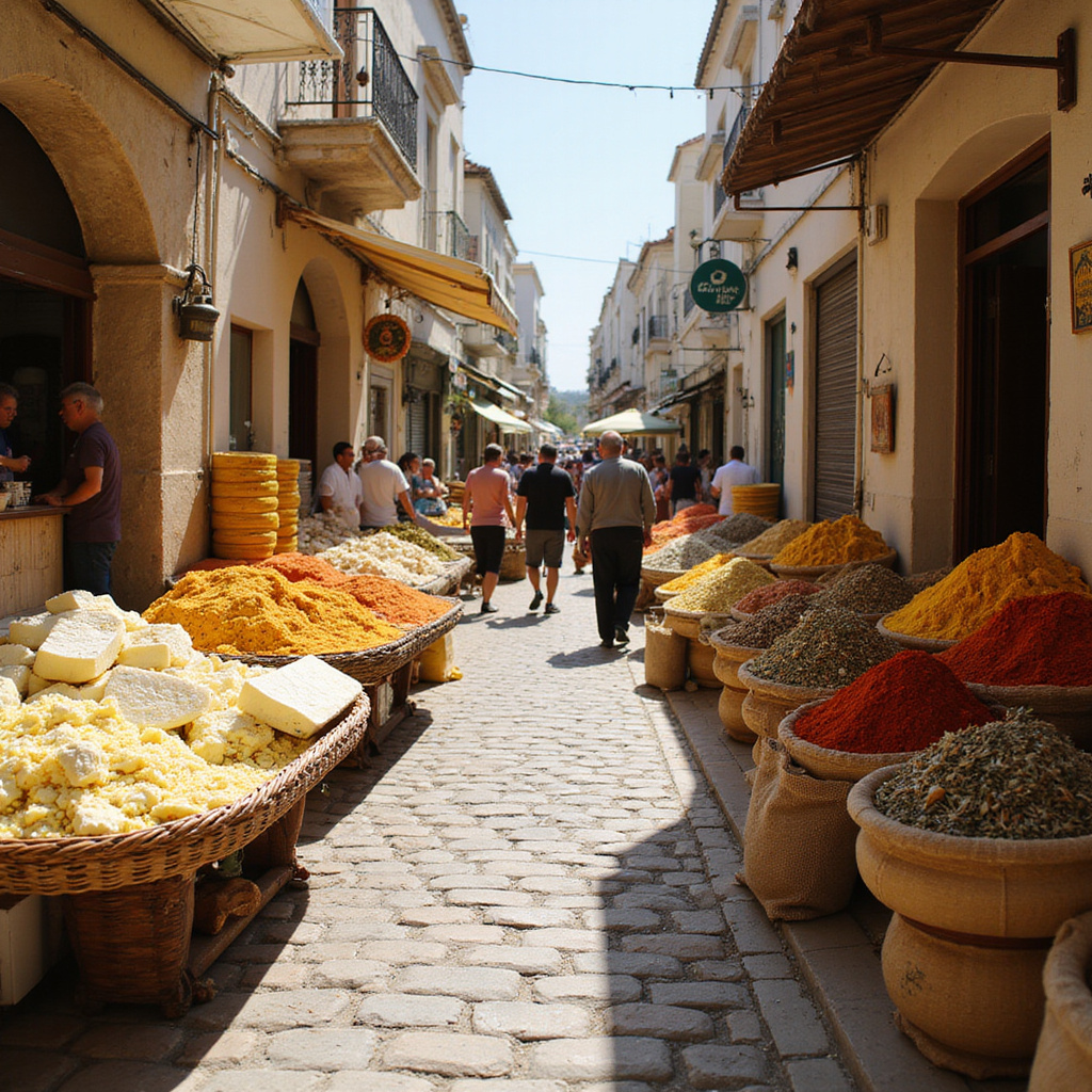 Ulica w Nikozji z lokalnym targiem serów i przypraw