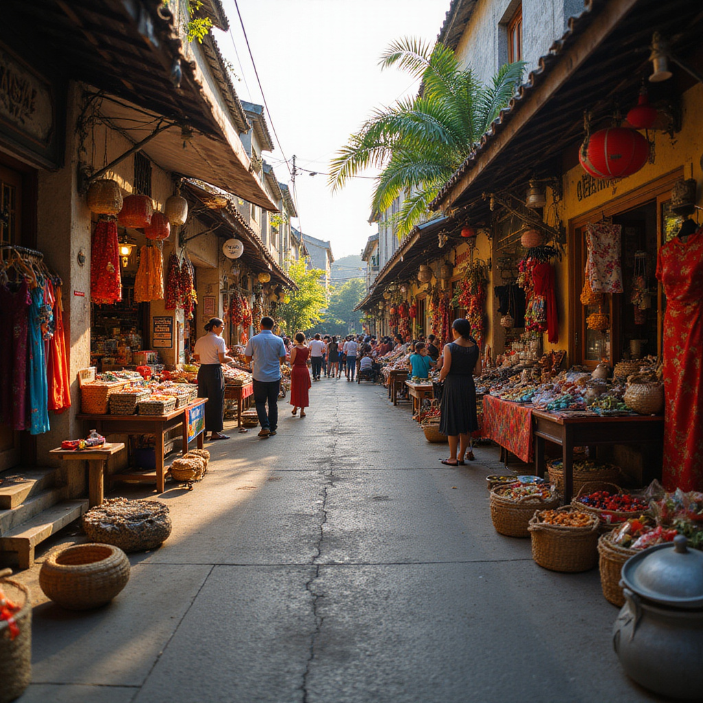 Uliczka w Hue z kolorowymi straganami i lokalnymi mieszkańcami
