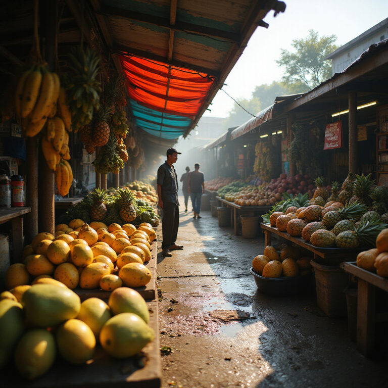Targ Carbon Market w Cebu z kolorowymi straganami i świeżymi owocami