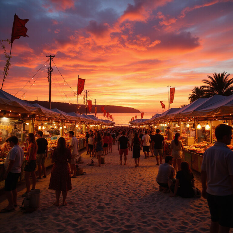 Targowisko Mindil Beach z widokiem na zachód słońca i stragany z jedzeniem