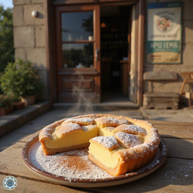 Bougatsa w Salonikach - tradycyjne greckie ciasto z kremem waniliowym na tle starej piekarni