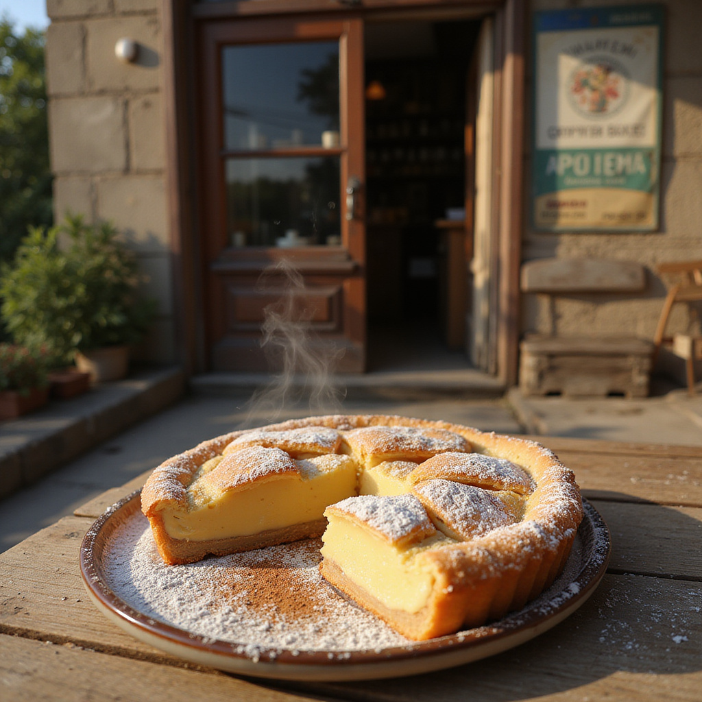 Bougatsa w Salonikach - tradycyjne greckie ciasto z kremem waniliowym na tle starej piekarni