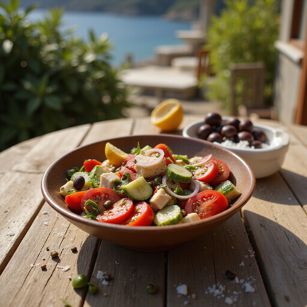 Talerz z tradycyjną grecką sałatką warzywną bez sera feta, świeże pomidory i oliwki