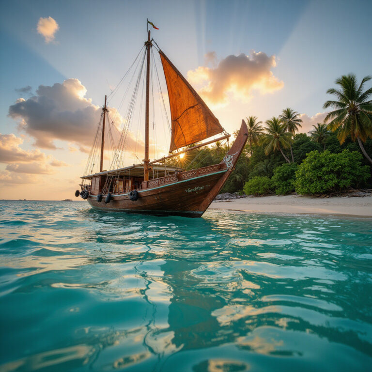 Tradycyjna łódź dhow na tle wybrzeża Kenii, egzotyczna przygoda