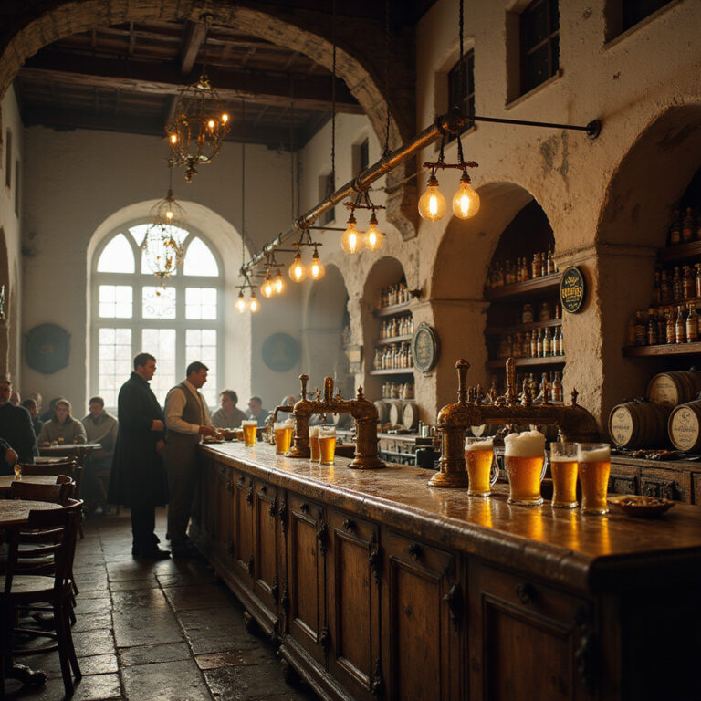 Tradycyjna piwiarnia w Pilznie z drewnianymi beczkami i złocistym piwem