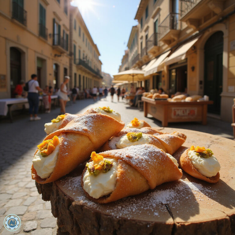 Tradycyjne cannoli na tle ulicy w Palermo z widocznymi zabytkami