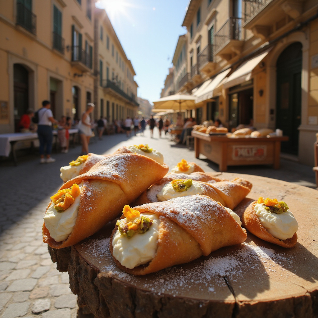 Tradycyjne cannoli na tle ulicy w Palermo z widocznymi zabytkami