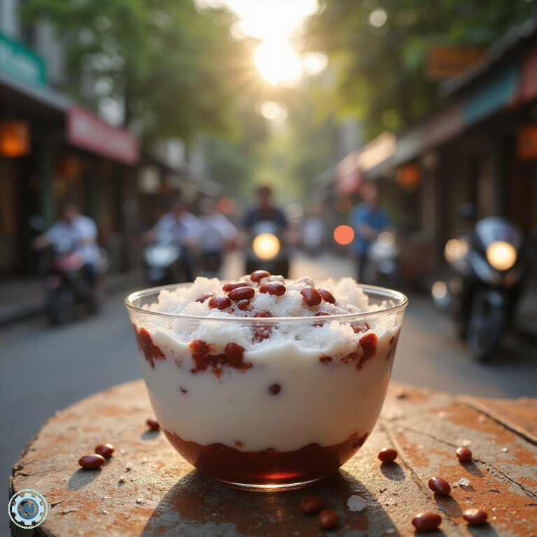 Tradycyjne wietnamskie chè z fasolą i mlekiem kokosowym na tle ulicznego straganu w Hanoi