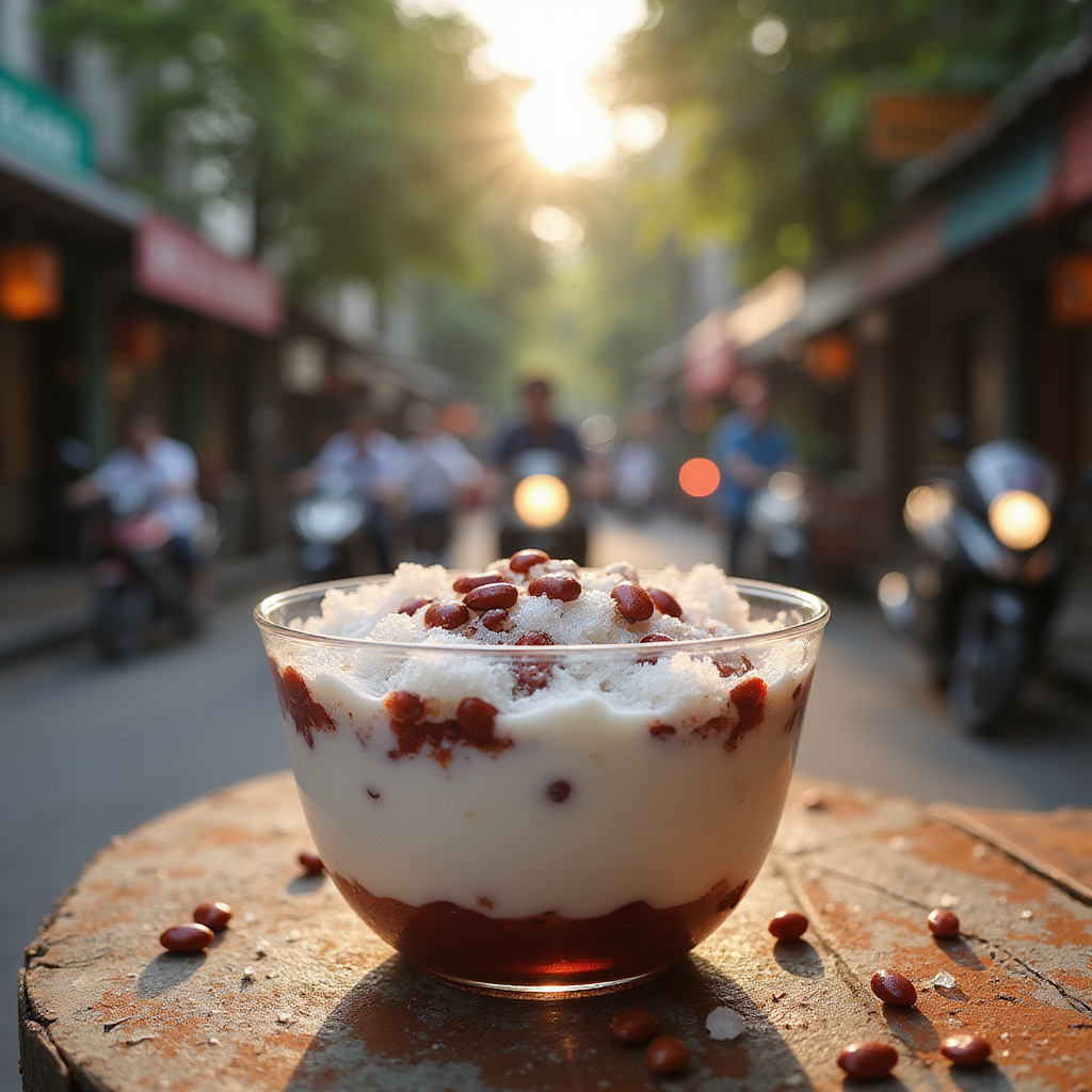 Tradycyjne wietnamskie chè z fasolą i mlekiem kokosowym na tle ulicznego straganu w Hanoi