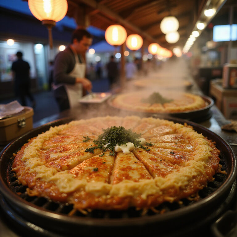 Hiroszima okonomiyaki serwowane na tradycyjnym targu z chrupiącym makaronem i warstwami kapusty