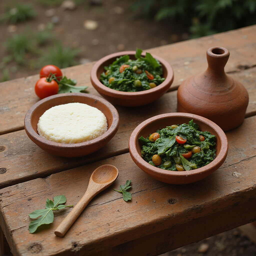 Tradycyjne kenijskie dania ugali i sukuma wiki na drewnianym stole