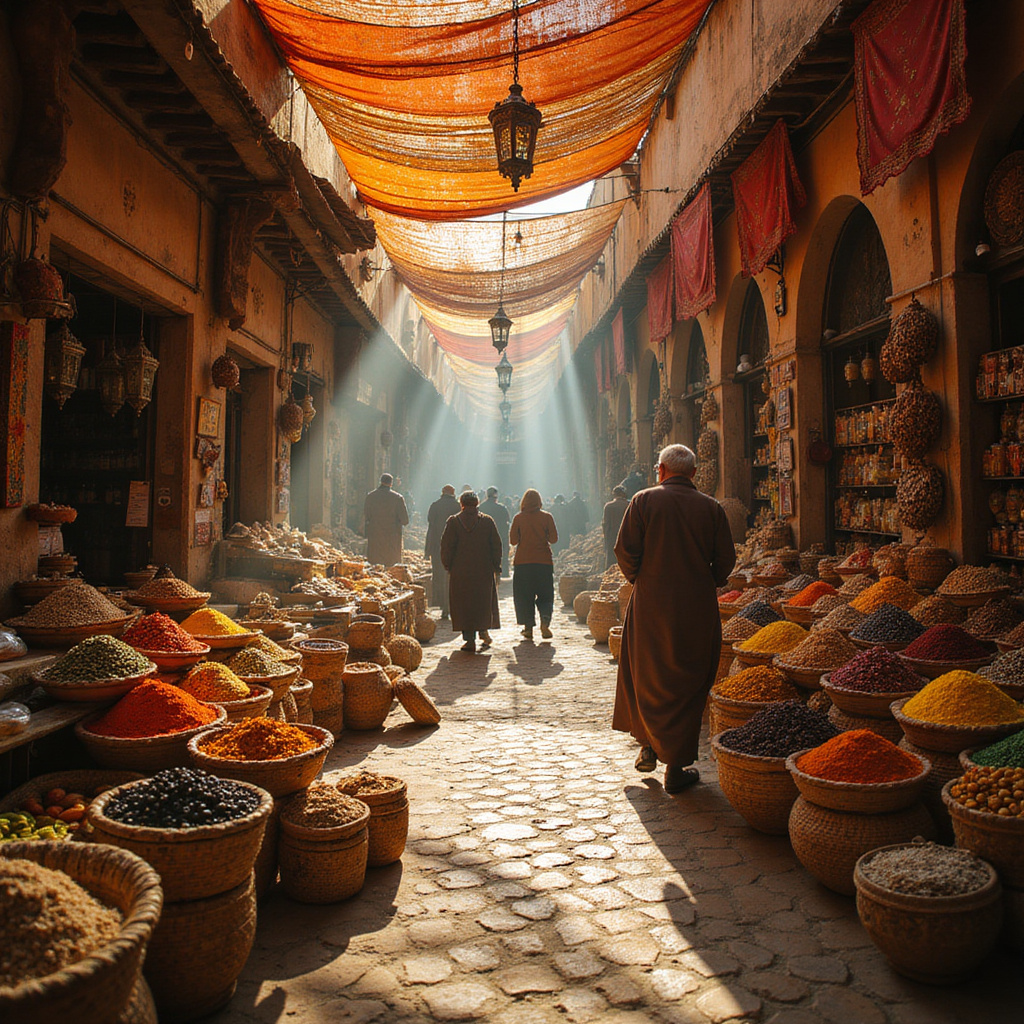Tradycyjne marokańskie targowisko w Rabacie z lokalnymi produktami