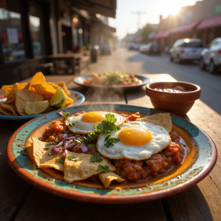 Tradycyjne meksykańskie śniadanie z chilaquiles i jajkami sadzonymi na ulicy w Mexico City