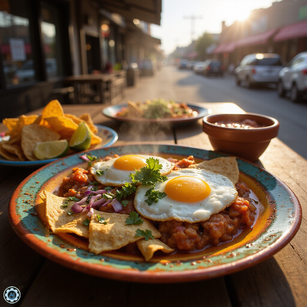Tradycyjne meksykańskie śniadanie z chilaquiles i jajkami sadzonymi na ulicy w Mexico City