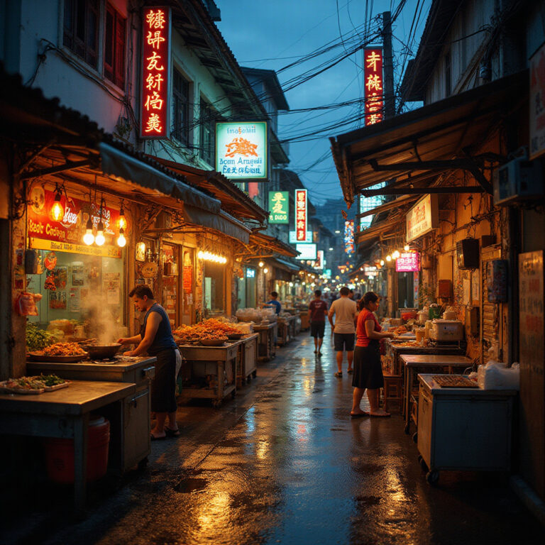 Ulica Charoen Krung w Bangkoku z tradycyjnymi straganami i aromatycznymi potrawami