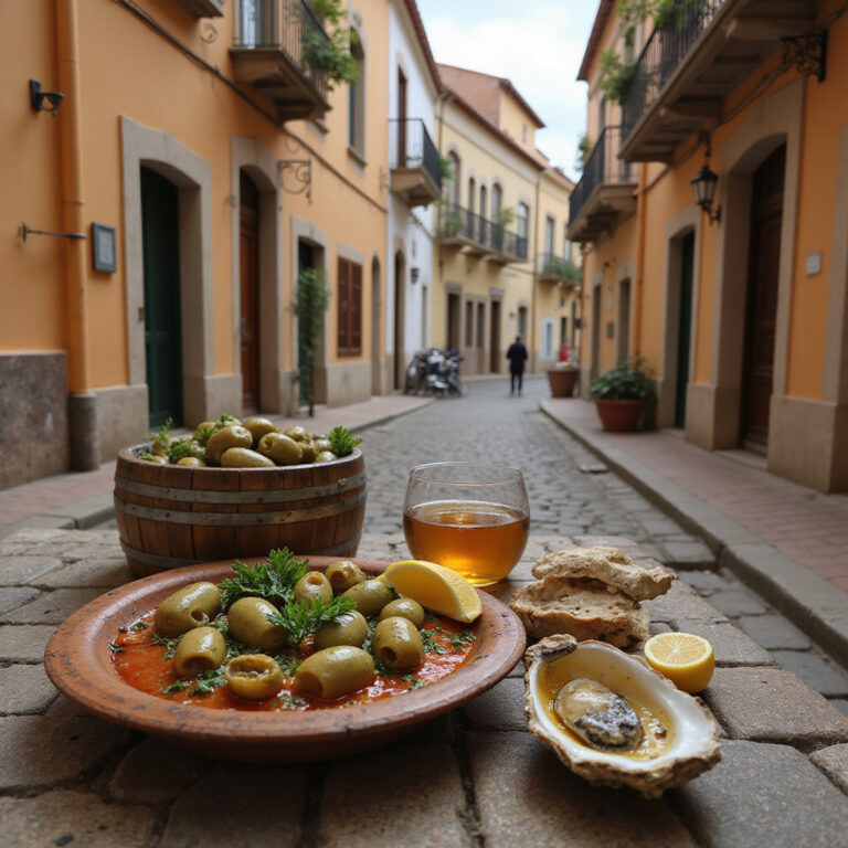Tradycyjne tapas w Kadyksie na tle zabytkowej uliczki, świeże owoce morza i sherry