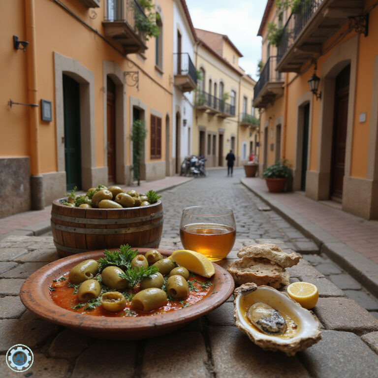 Tradycyjne tapas w Kadyksie na tle zabytkowej uliczki, świeże owoce morza i sherry