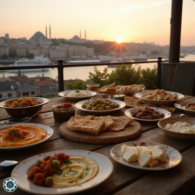 Tradycyjne tureckie mezze na stole z widokiem na Stambuł