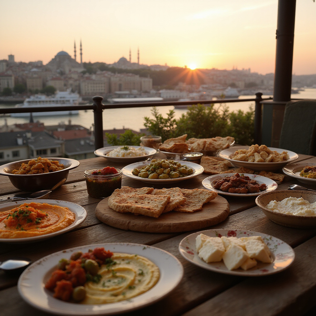 Tradycyjne tureckie mezze na stole z widokiem na Stambuł