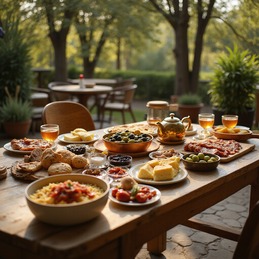 Stół z tradycyjnym tureckim śniadaniem w ogrodzie restauracji