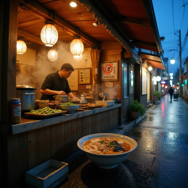 Tradycyjne yatai w Fukuoce serwujące ramen Hakata, uliczne stragany