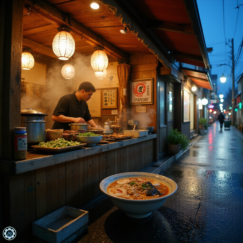 Tradycyjne yatai w Fukuoce serwujące ramen Hakata, uliczne stragany