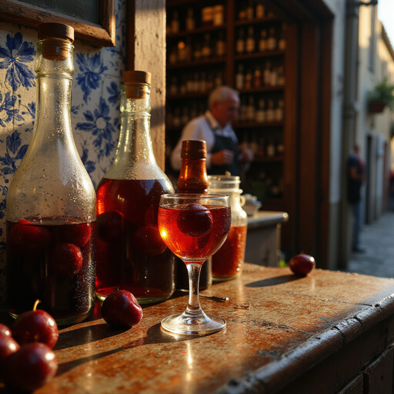 Tradycyjny bar w Porto serwujący ginjinha z wiśniami w kieliszku